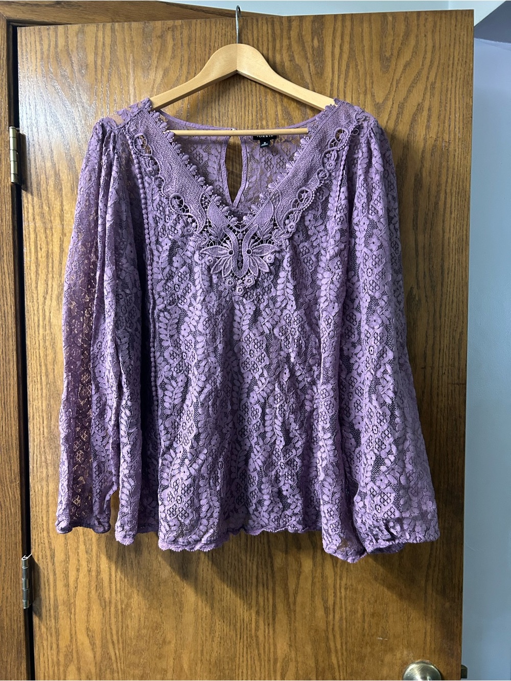 torrid Purple Lace Long-Sleeve Blouse with Butterfly Crochet Neckline